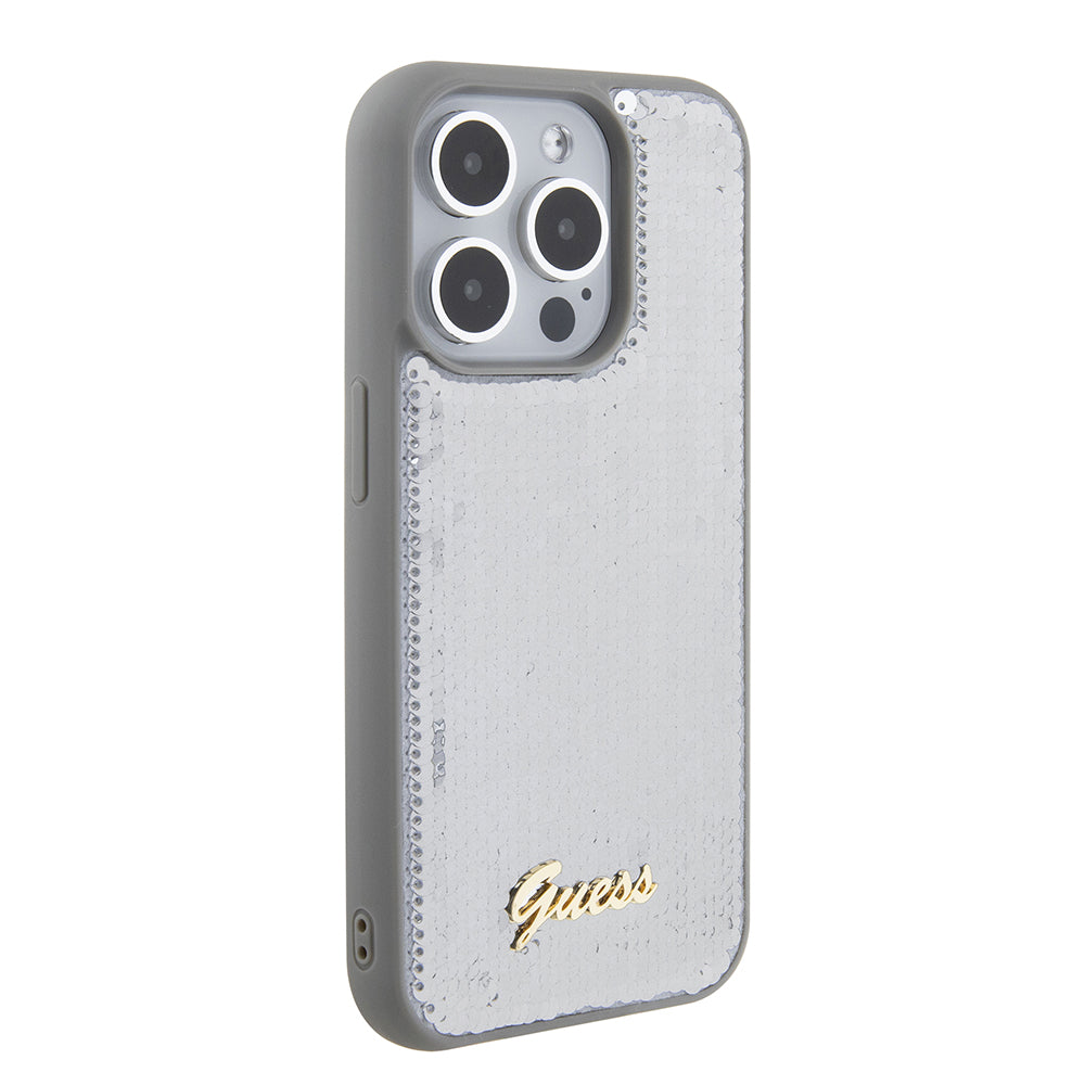 Puzdro pre Apple iPhone 15 Pro, Guess, Sequin Script Metal, Strieborné