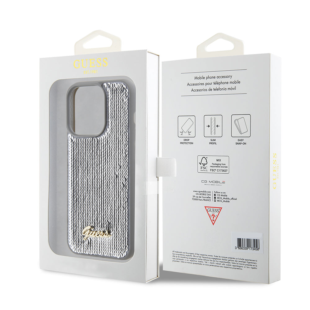 Puzdro pre Apple iPhone 15 Pro, Guess, Sequin Script Metal, Strieborné