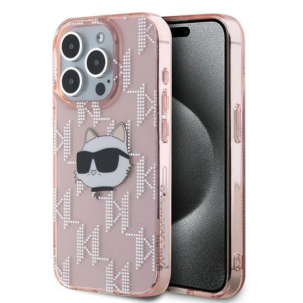 Puzdro pre Apple iPhone 15 Pro, Karl Lagerfeld, IML Luxury Monogram Choupette's Head, Ružové