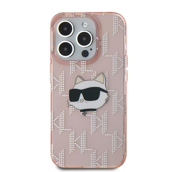 Puzdro pre Apple iPhone 15 Pro, Karl Lagerfeld, IML Luxury Monogram Choupette's Head, Ružové