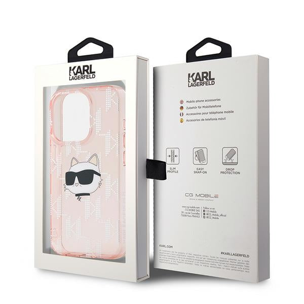 Puzdro pre Apple iPhone 15 Pro, Karl Lagerfeld, IML Luxury Monogram Choupette's Head, Ružové