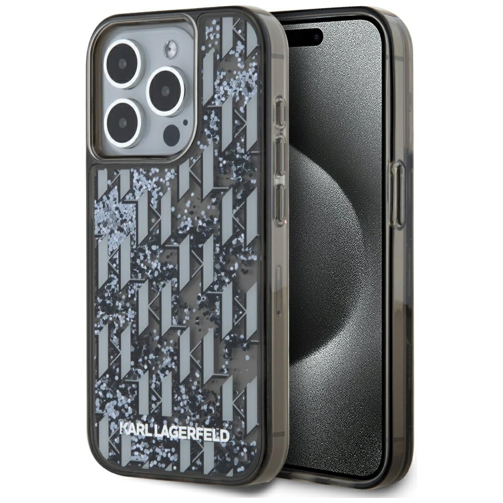 Puzdro pre Apple iPhone 15 Pro, Karl Lagerfeld, Liquid Glitter Monogram, Čierne