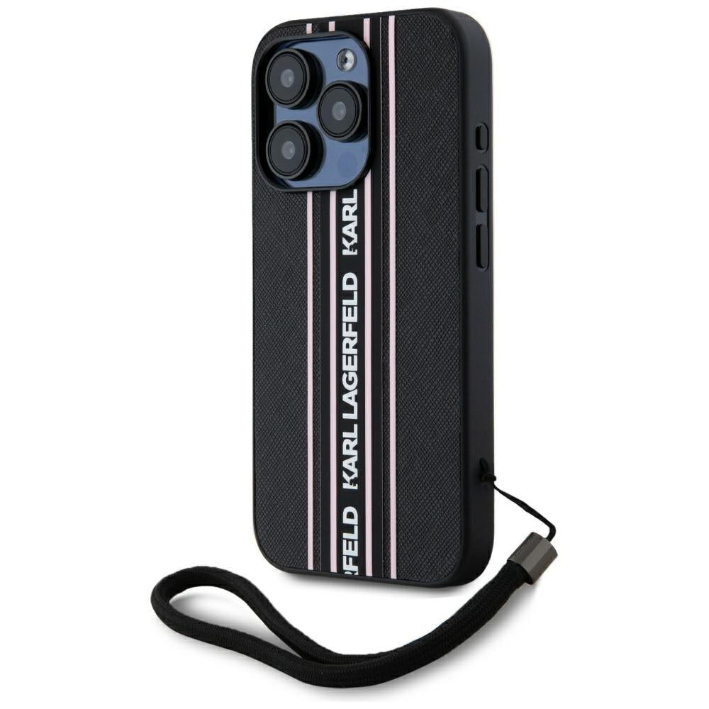 Puzdro pre Apple iPhone 15 Pro, Karl Lagerfeld, Saffiano Athleisure Stripes with Strap, Ružové