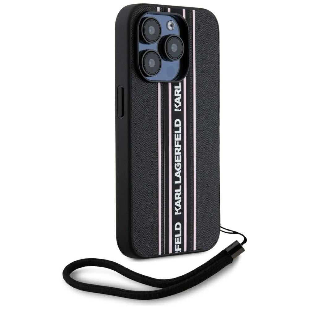 Puzdro pre Apple iPhone 15 Pro, Karl Lagerfeld, Saffiano Athleisure Stripes with Strap, Ružové