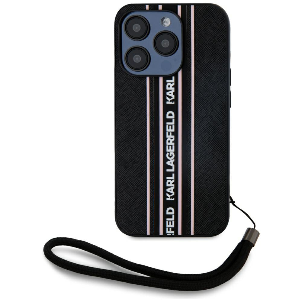 Puzdro pre Apple iPhone 15 Pro, Karl Lagerfeld, Saffiano Athleisure Stripes with Strap, Ružové