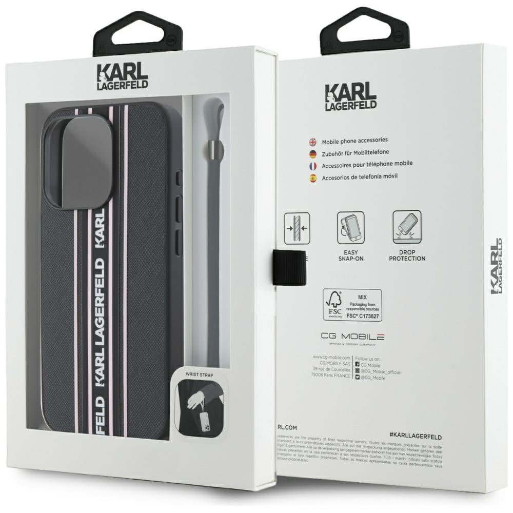 Puzdro pre Apple iPhone 15 Pro, Karl Lagerfeld, Saffiano Athleisure Stripes with Strap, Ružové