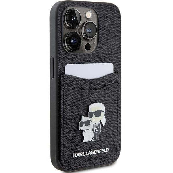 Puzdro pre Apple iPhone 15 Pro, Karl Lagerfeld, Saffiano Card Slot Metal Karl & Choupette, Čierne