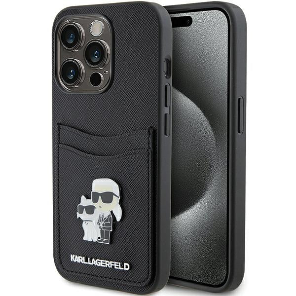 Puzdro pre Apple iPhone 15 Pro, Karl Lagerfeld, Saffiano Card Slot Metal Karl & Choupette, Čierne