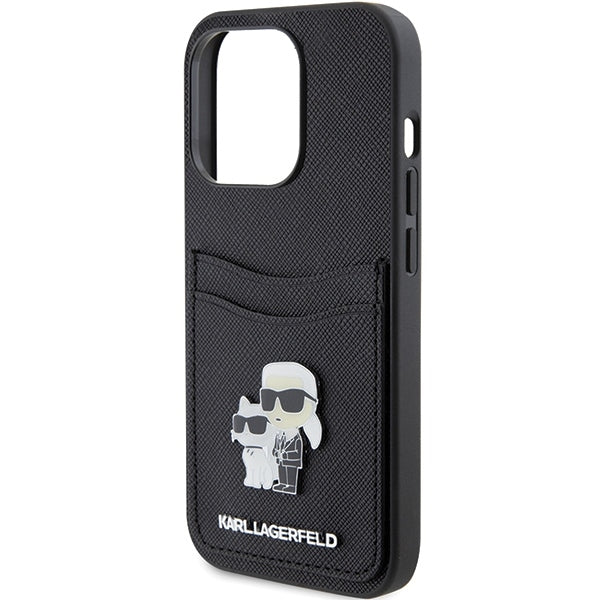Puzdro pre Apple iPhone 15 Pro, Karl Lagerfeld, Saffiano Card Slot Metal Karl & Choupette, Čierne