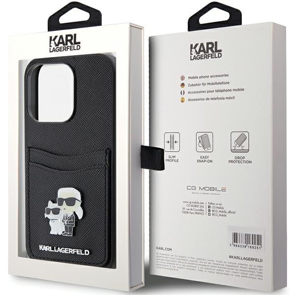 Puzdro pre Apple iPhone 15 Pro, Karl Lagerfeld, Saffiano Card Slot Metal Karl & Choupette, Čierne