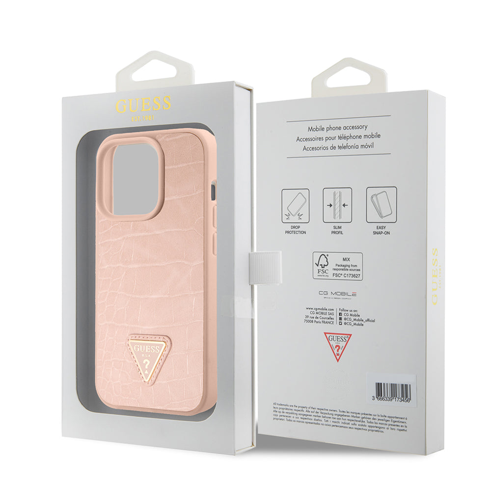 Puzdro pre Apple iPhone 15 Pro Max, Guess, Croco Triangle Metal Logo, Ružové