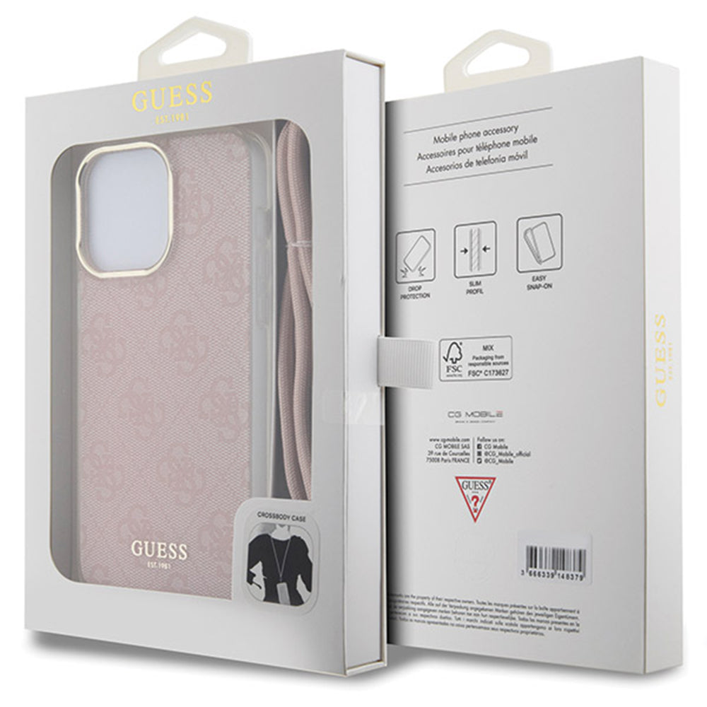 Puzdro pre Apple iPhone 15 Pro Max, Guess, Crossbody Cord 4G Print, Ružové