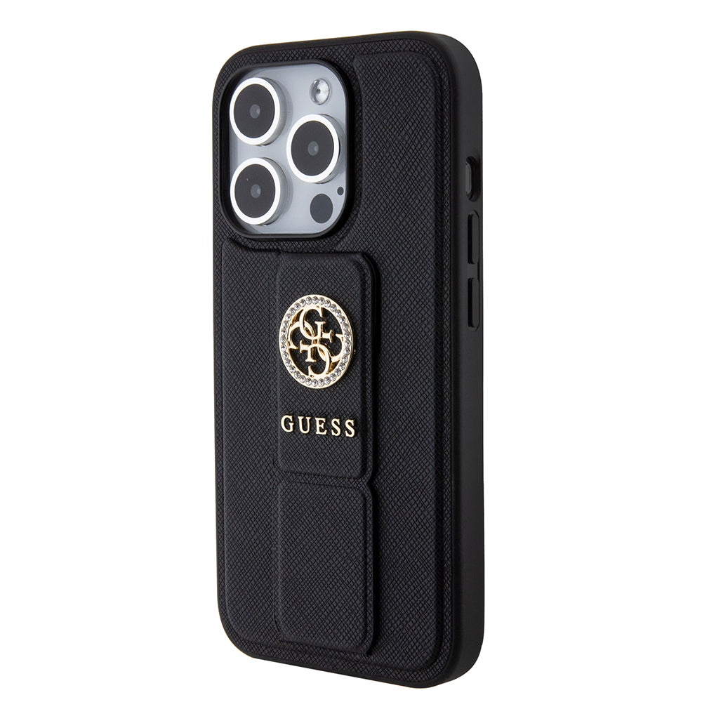 Puzdro pre Apple iPhone 15 Pro Max, Guess, Grip Stand 4G Saffiano Strass, Čierne