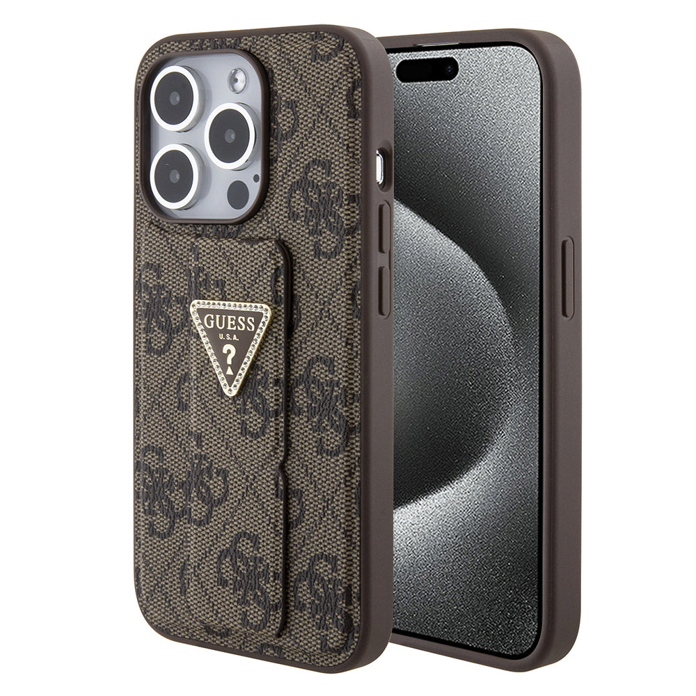 Puzdro pre Apple iPhone 15 Pro Max, Guess, Grip Stand 4G Triangle Strass, Hnedá