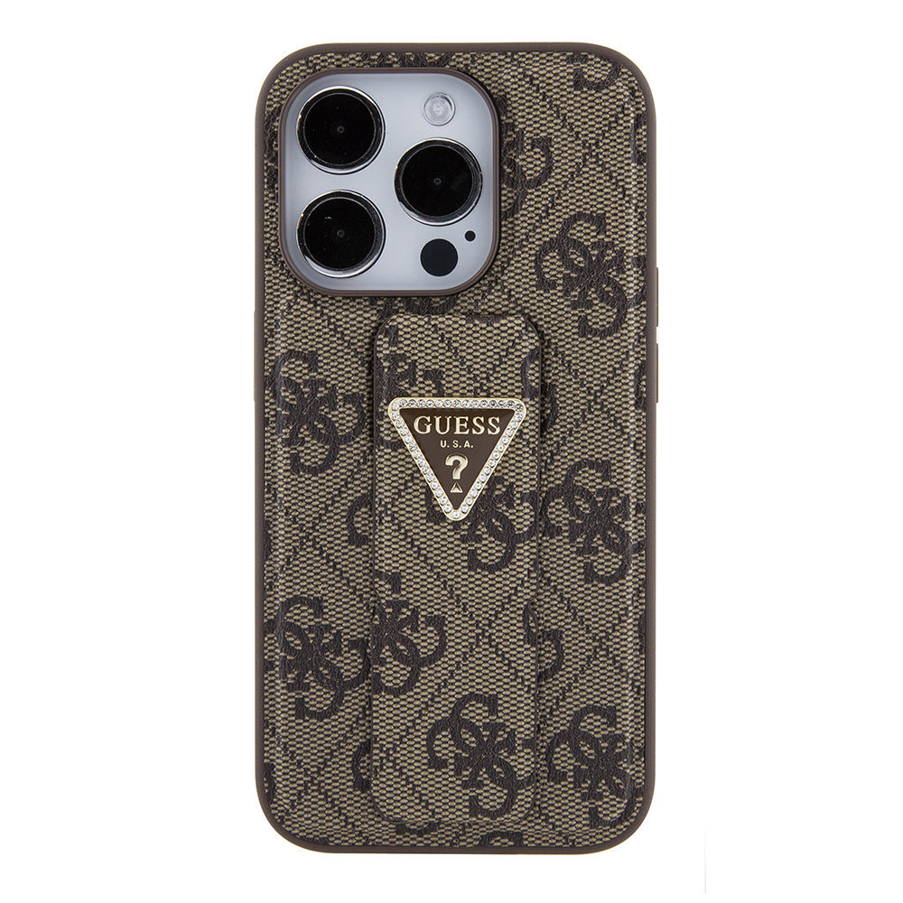 Puzdro pre Apple iPhone 15 Pro Max, Guess, Grip Stand 4G Triangle Strass, Hnedá