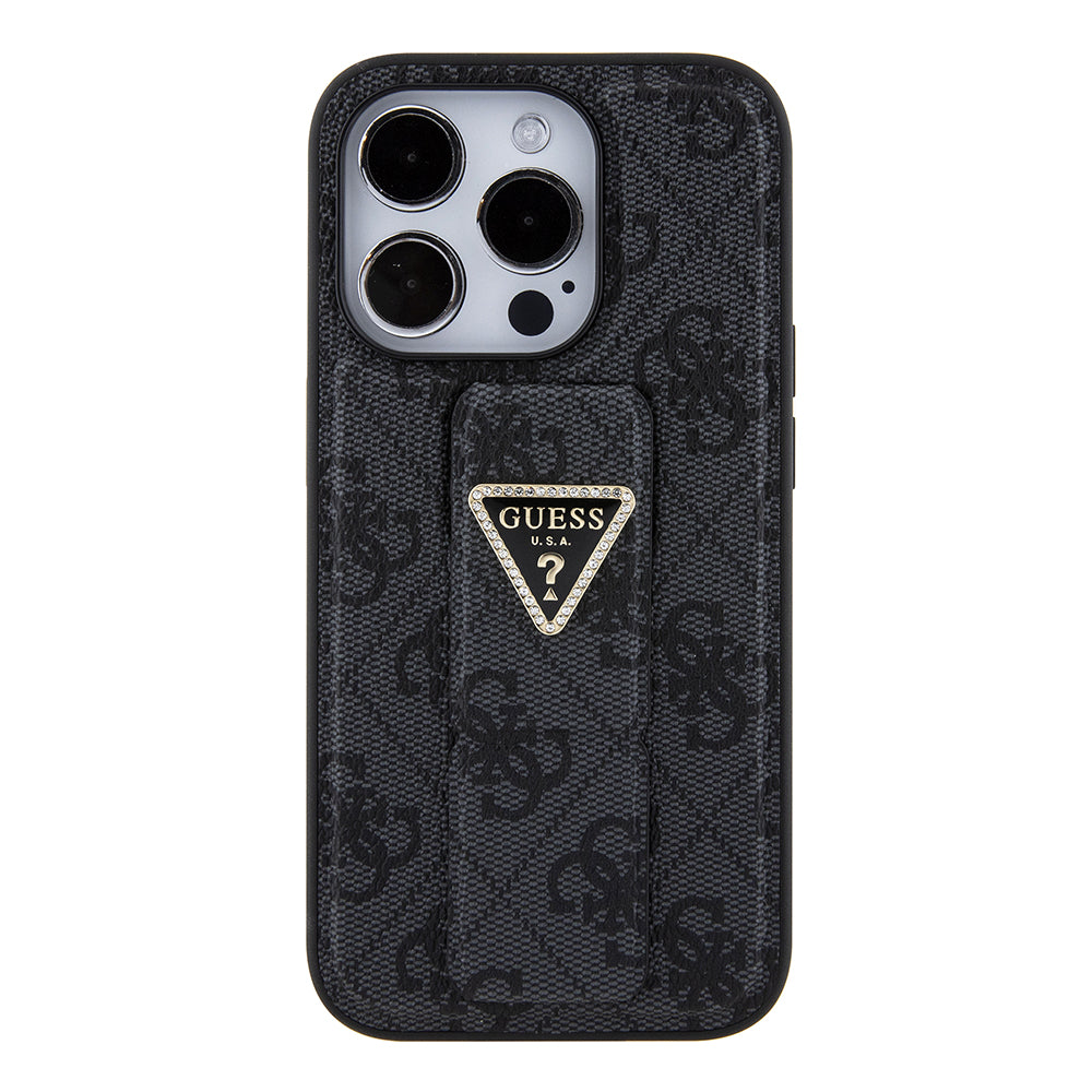 Puzdro pre Apple iPhone 15 Pro Max, Guess, Grip Stand 4G Triangle Strass, Čierne