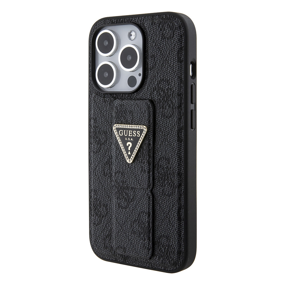 Puzdro pre Apple iPhone 15 Pro Max, Guess, Grip Stand 4G Triangle Strass, Čierne