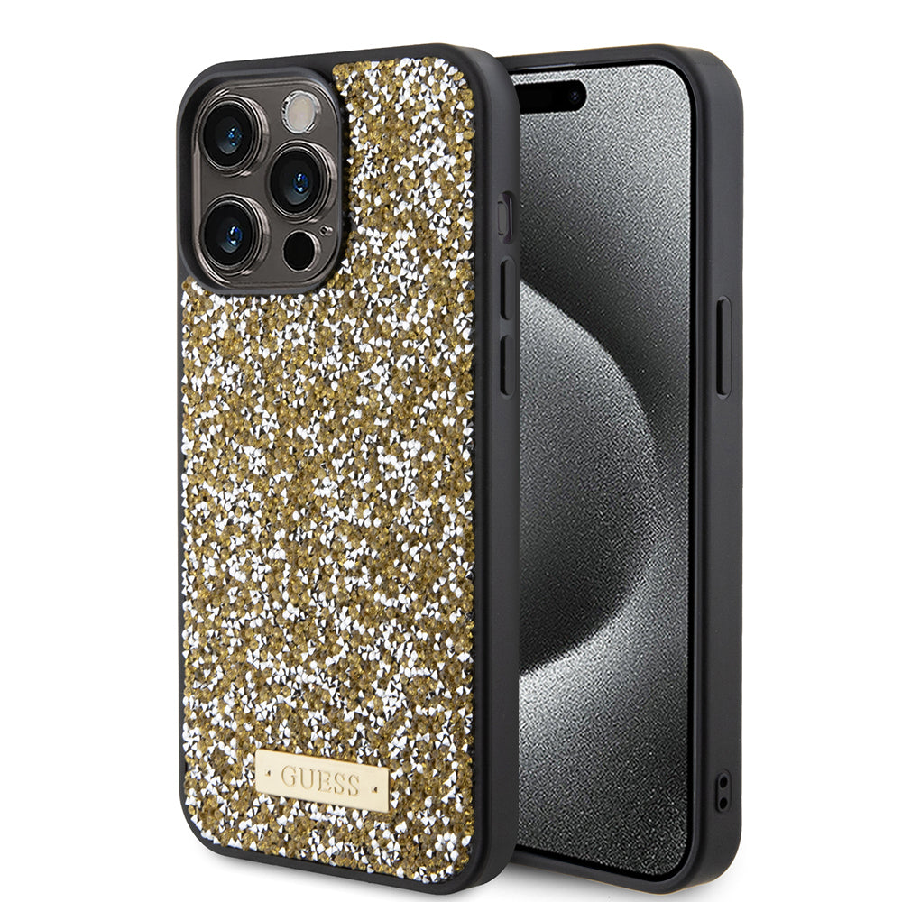 Puzdro pre Apple iPhone 15 Pro Max, Guess, Rhinestone Metal Logo, Žltá