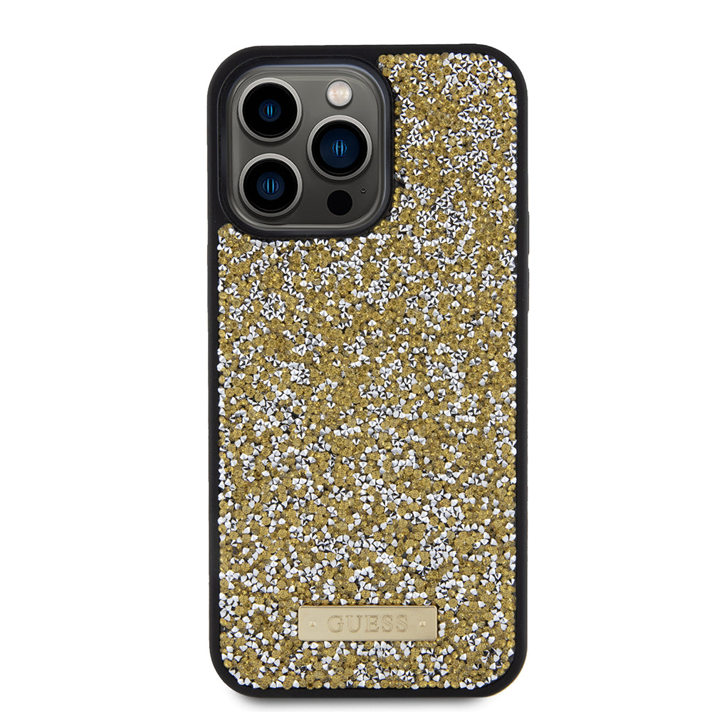 Puzdro pre Apple iPhone 15 Pro Max, Guess, Rhinestone Metal Logo, Žltá