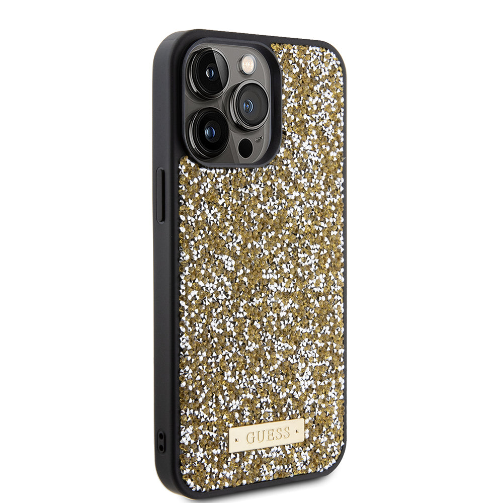 Puzdro pre Apple iPhone 15 Pro Max, Guess, Rhinestone Metal Logo, Žltá