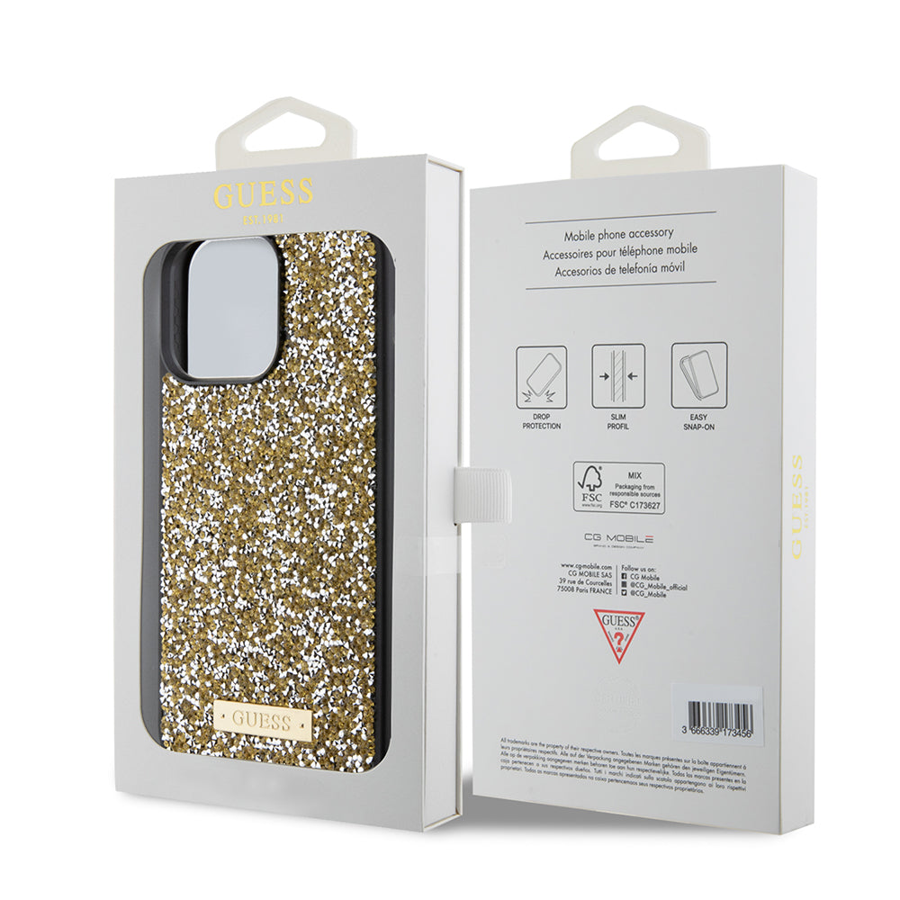Puzdro pre Apple iPhone 15 Pro Max, Guess, Rhinestone Metal Logo, Žltá