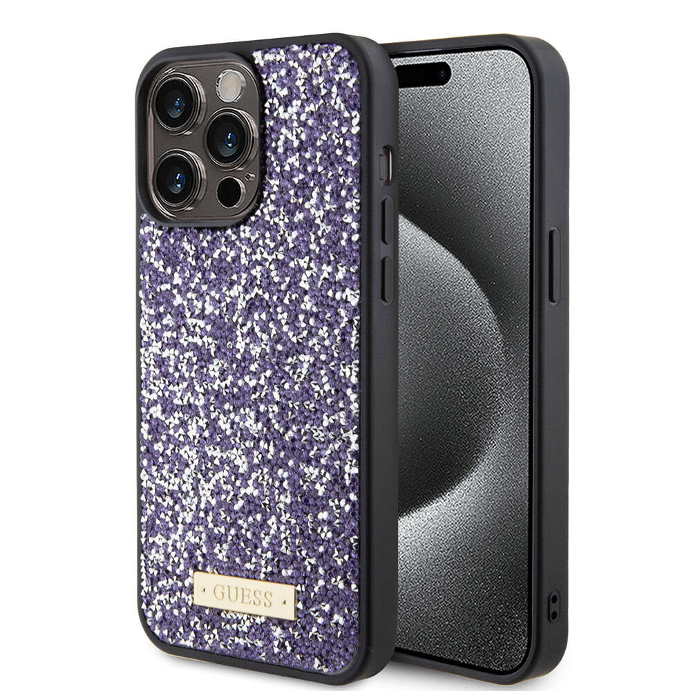 Puzdro pre Apple iPhone 15 Pro, Guess, Rhinestone Metal Logo, Fialové
