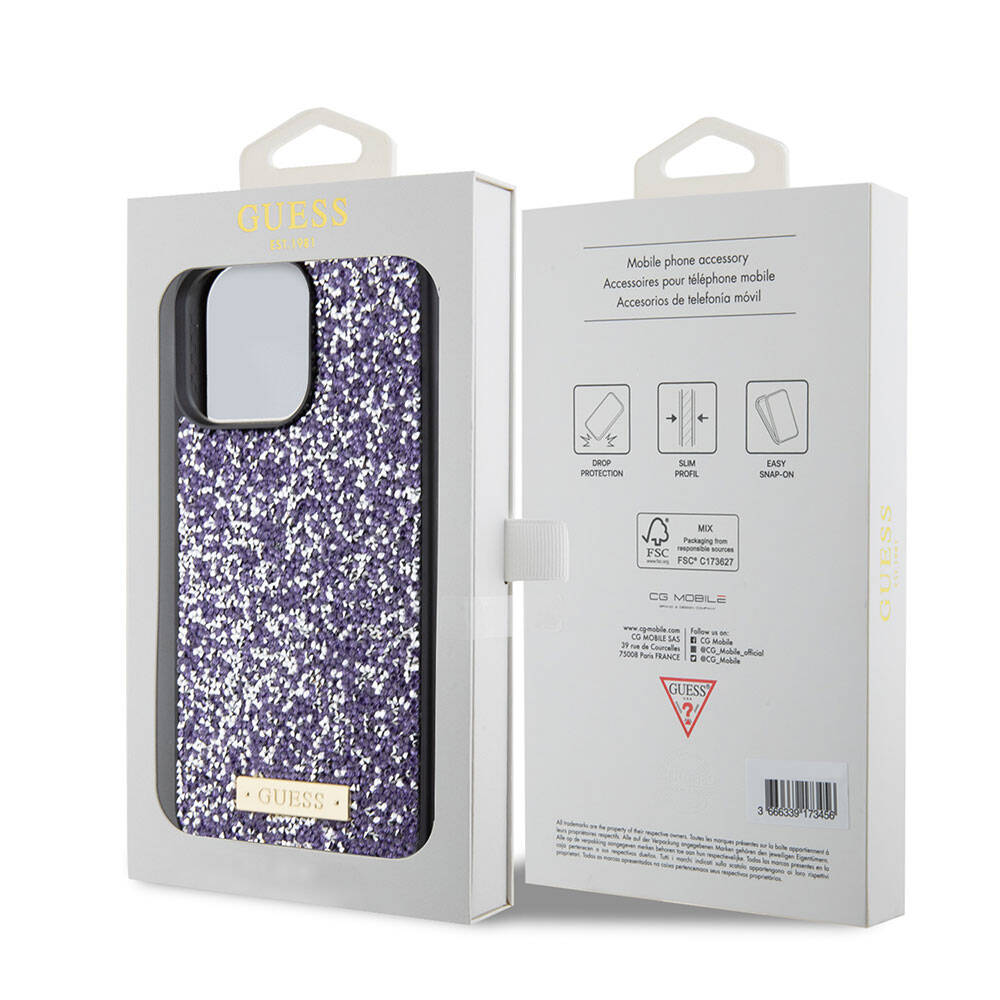 Puzdro pre Apple iPhone 15 Pro, Guess, Rhinestone Metal Logo, Fialové