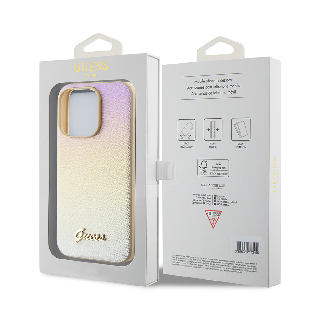 Puzdro pre Apple iPhone 15 Pro Max, Guess, Saffiano Iridescent Script, Zlaté