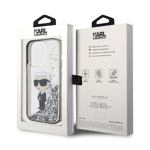 Puzdro pre Apple iPhone 15 Pro Max, Karl Lagerfeld, Liquid Glitter Ikonik Karl, Transparentné