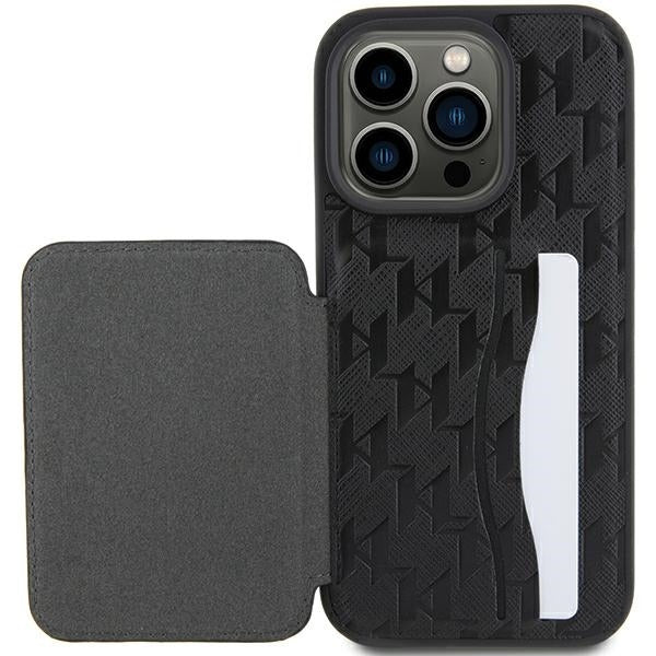 Case for Apple iPhone 15 Pro Max, Karl Lagerfeld, Saffiano Cardslots and Stand Monogram Choupette, Black