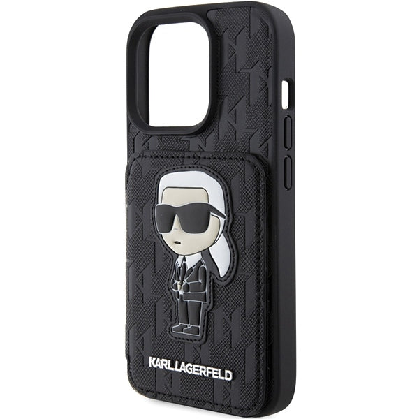 Puzdro pre Apple iPhone 15 Pro Max, Karl Lagerfeld, Saffiano Cardslots and Stand Monogram Ikonik Karl, Čierne
