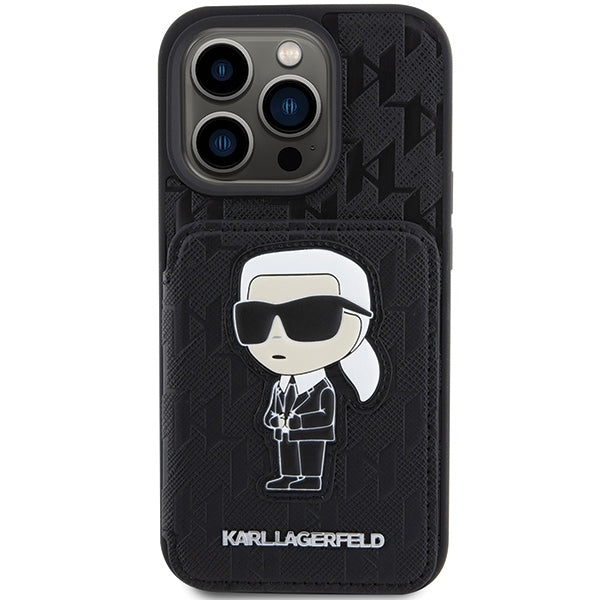 Puzdro pre Apple iPhone 15 Pro Max, Karl Lagerfeld, Saffiano Cardslots and Stand Monogram Ikonik Karl, Čierne