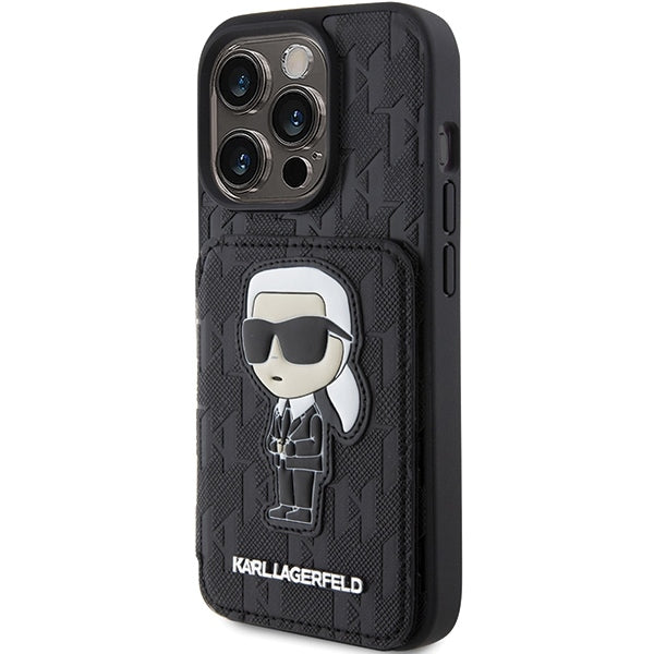 Puzdro pre Apple iPhone 15 Pro Max, Karl Lagerfeld, Saffiano Cardslots and Stand Monogram Ikonik Karl, Čierne