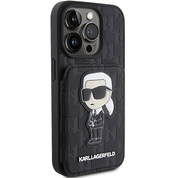 Puzdro pre Apple iPhone 15 Pro Max, Karl Lagerfeld, Saffiano Cardslots and Stand Monogram Ikonik Karl, Čierne