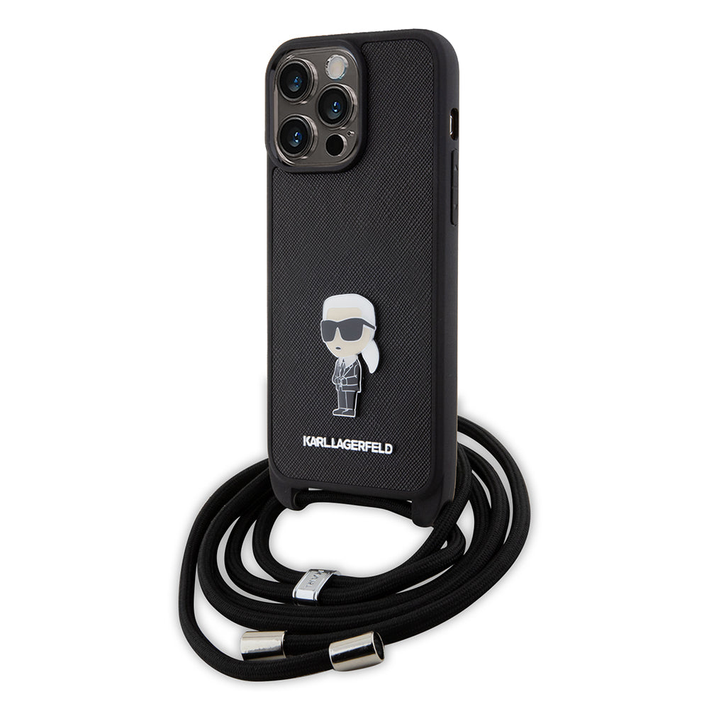 Puzdro pre Apple iPhone 15 Pro Max, Karl Lagerfeld, Saffiano Crossbody Monogram Metal Pin Karl, Čierne