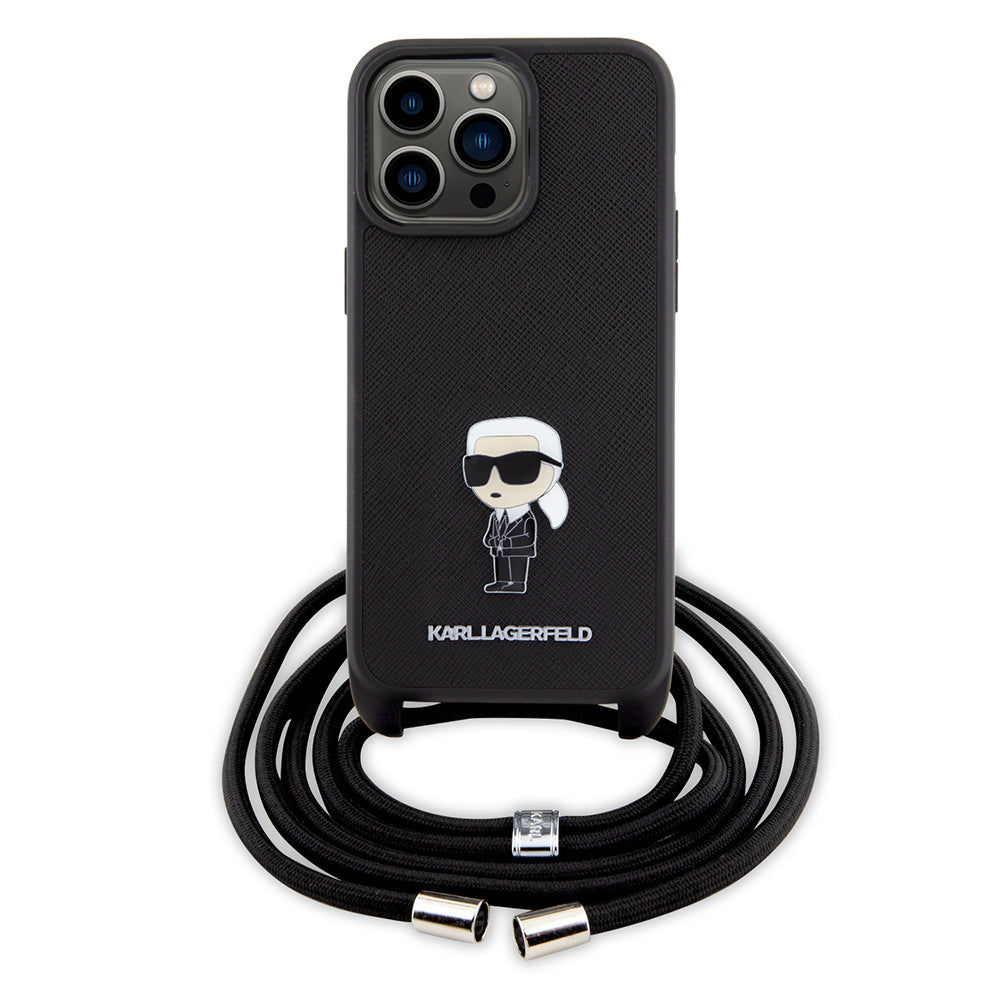 Puzdro pre Apple iPhone 15 Pro Max, Karl Lagerfeld, Saffiano Crossbody Monogram Metal Pin Karl, Čierne