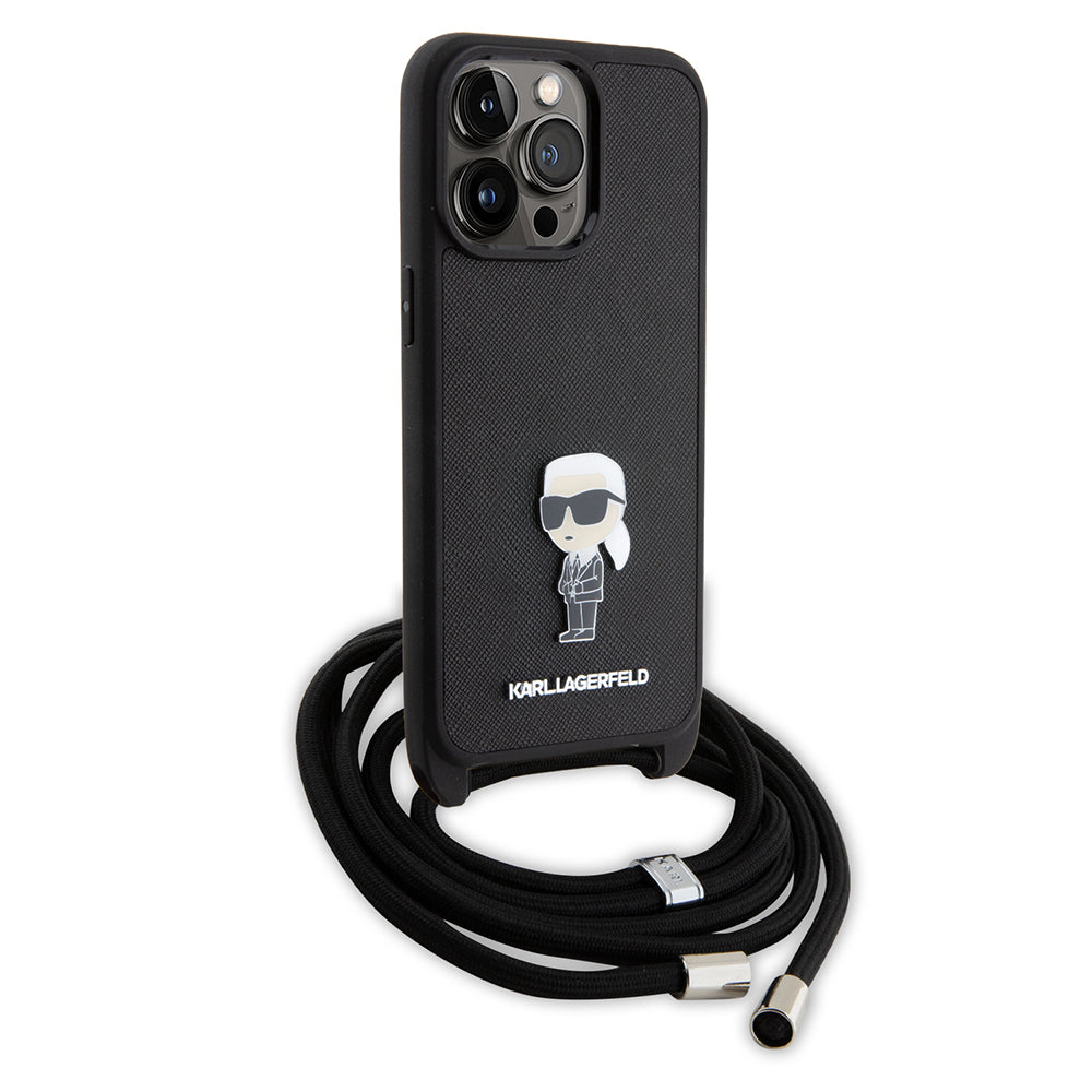 Puzdro pre Apple iPhone 15 Pro Max, Karl Lagerfeld, Saffiano Crossbody Monogram Metal Pin Karl, Čierne