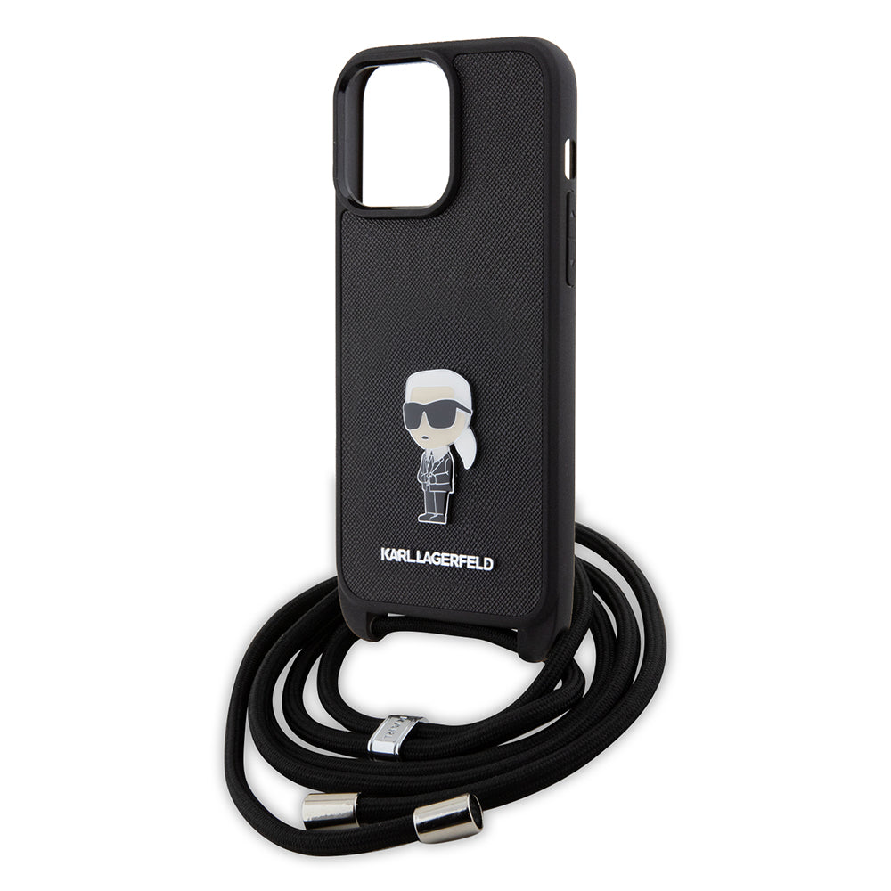 Puzdro pre Apple iPhone 15 Pro Max, Karl Lagerfeld, Saffiano Crossbody Monogram Metal Pin Karl, Čierne