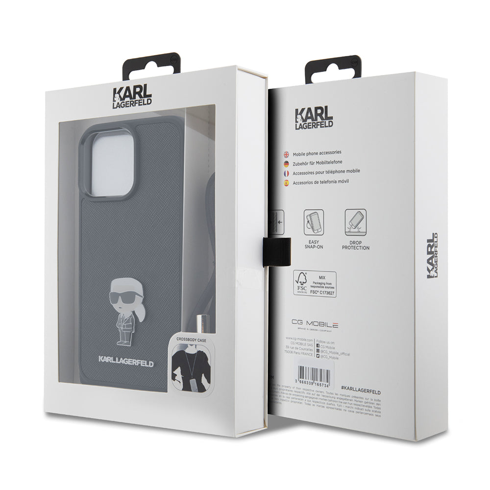 Puzdro pre Apple iPhone 15 Pro Max, Karl Lagerfeld, Saffiano Crossbody Monogram Metal Pin Karl, Čierne