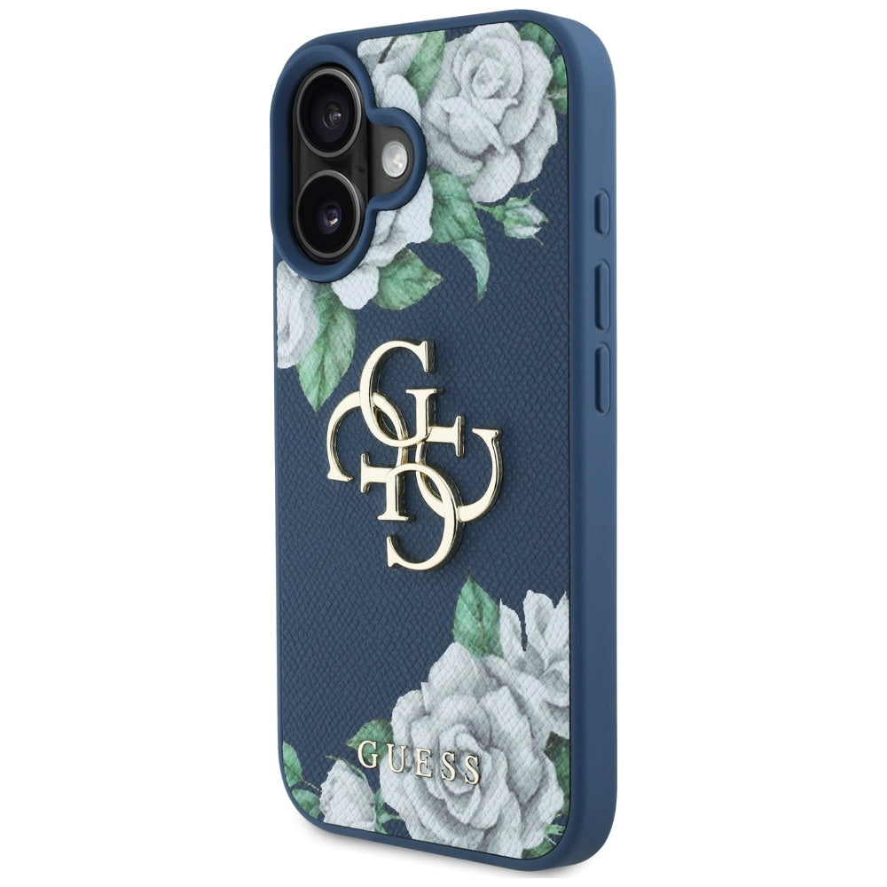 Puzdro pre Apple iPhone 16, Guess, 4G Grained Roses Big Logo, Modrá