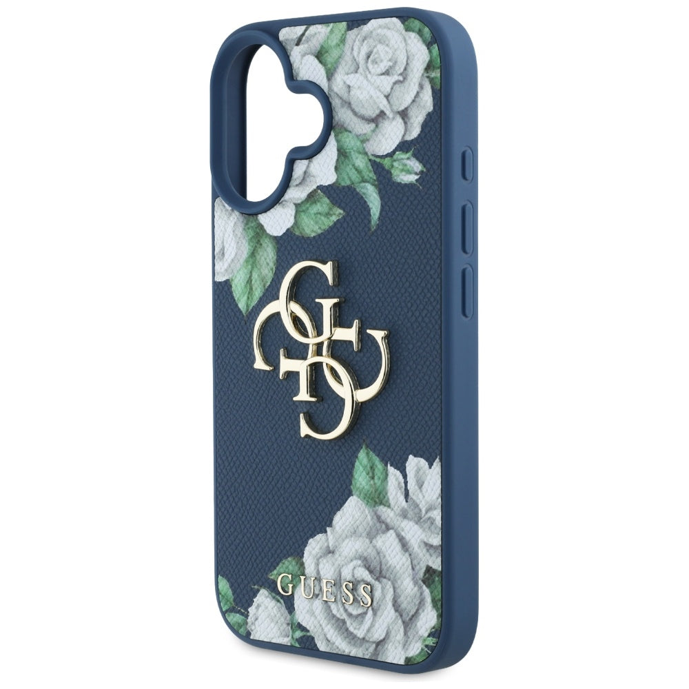 Puzdro pre Apple iPhone 16, Guess, 4G Grained Roses Big Logo, Modrá