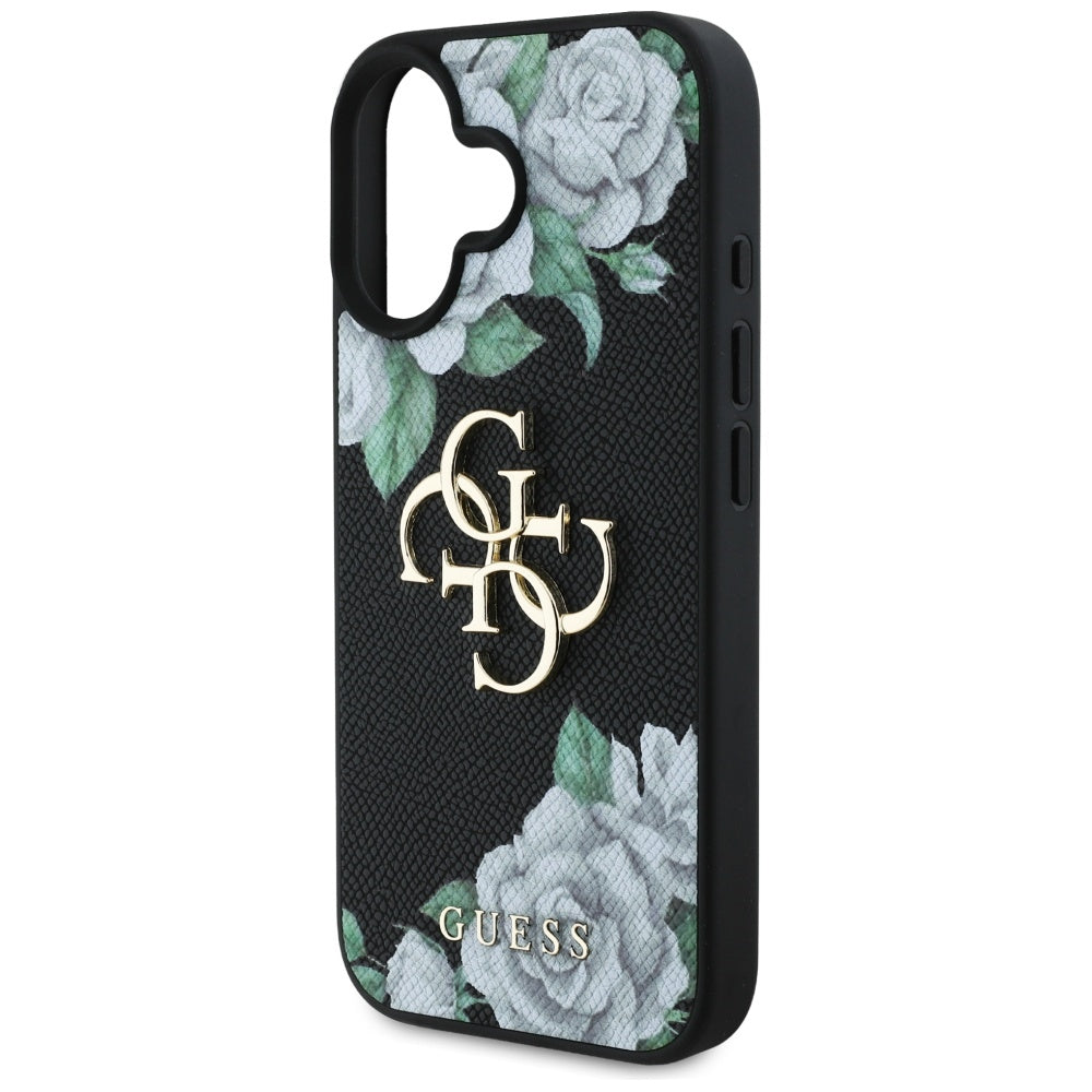 Puzdro pre Apple iPhone 16, Guess, 4G Grained Roses Big Logo, Čierne