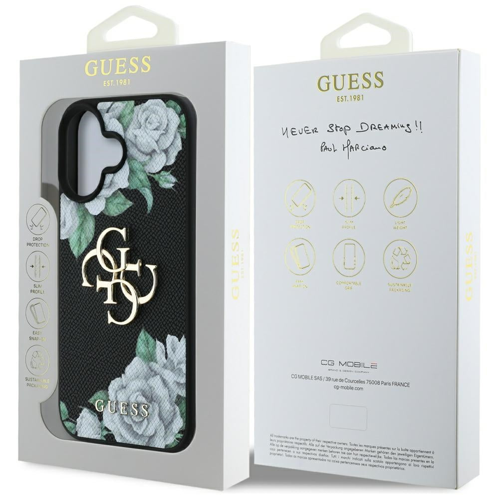Puzdro pre Apple iPhone 16, Guess, 4G Grained Roses Big Logo, Čierne