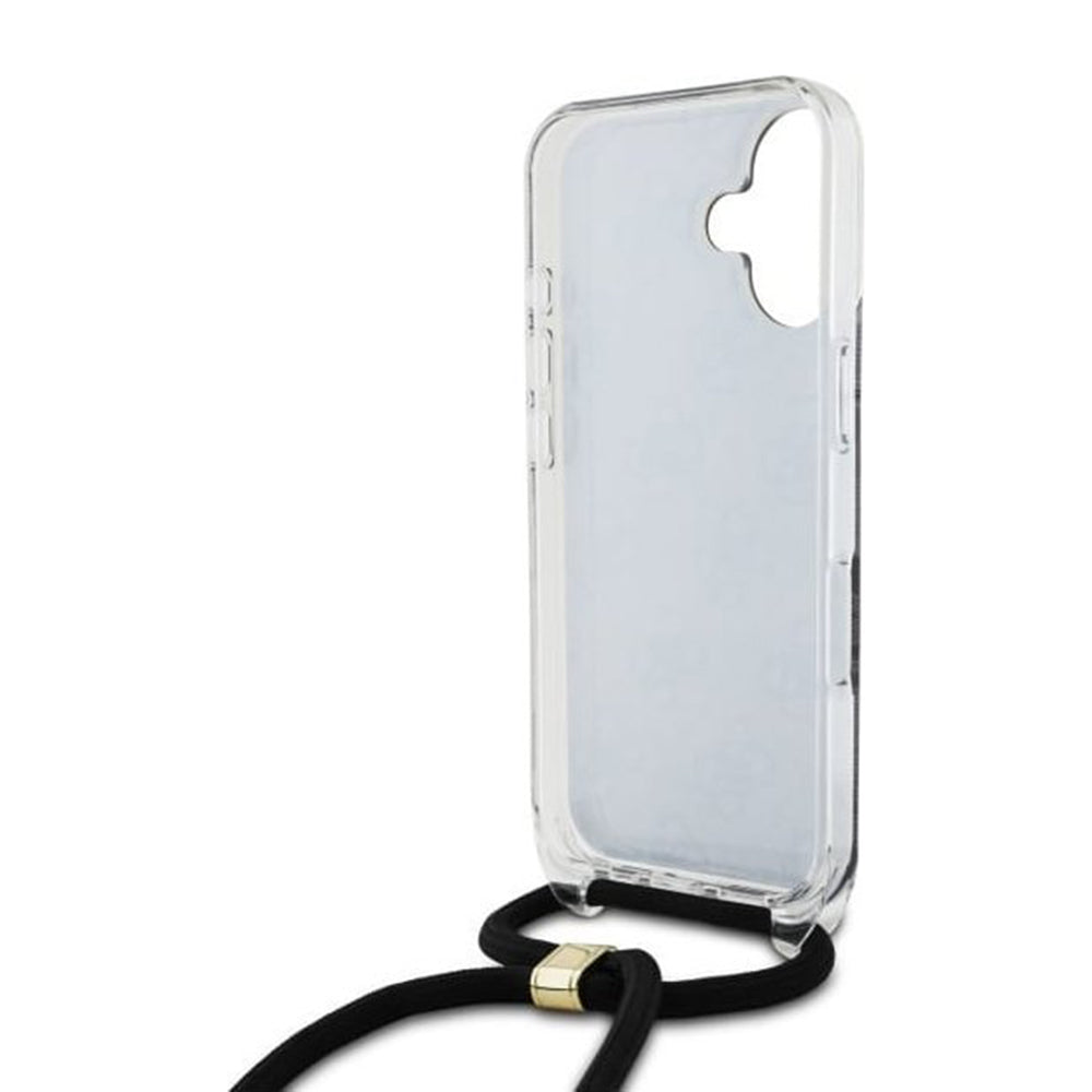 Puzdro pre Apple iPhone 16, Guess, Crossbody Cord 4G Print, Čierne