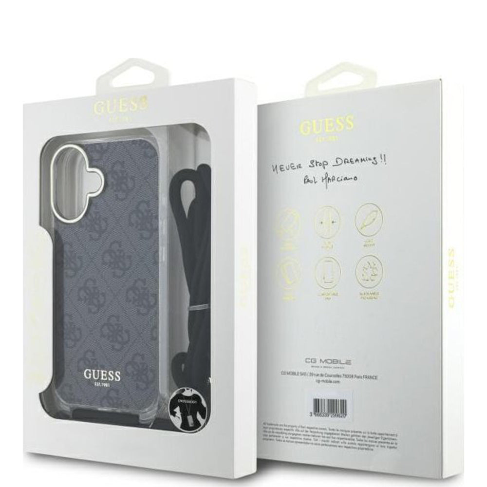 Puzdro pre Apple iPhone 16, Guess, Crossbody Cord 4G Print, Čierne