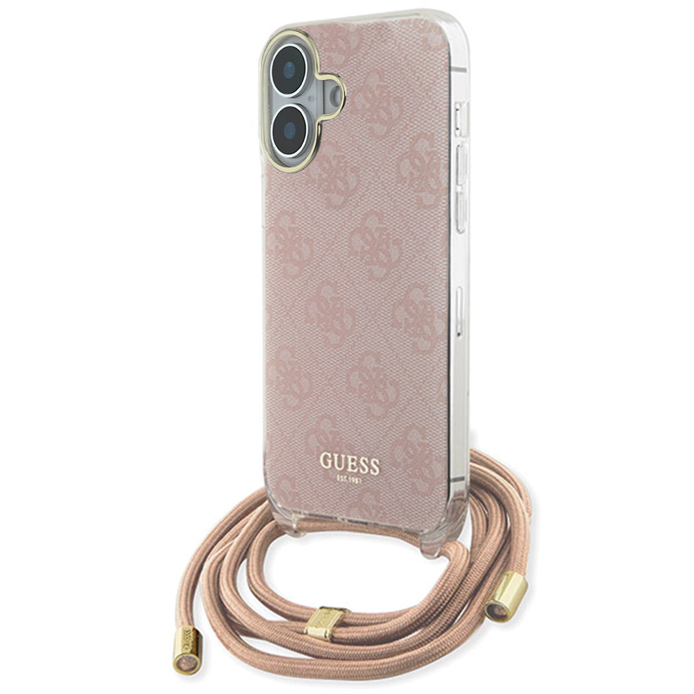 Puzdro pre Apple iPhone 16, Guess, Crossbody Cord 4G Print, Ružové