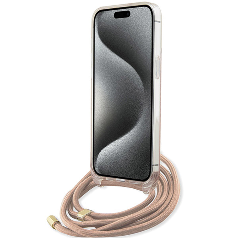 Puzdro pre Apple iPhone 16, Guess, Crossbody Cord 4G Print, Ružové