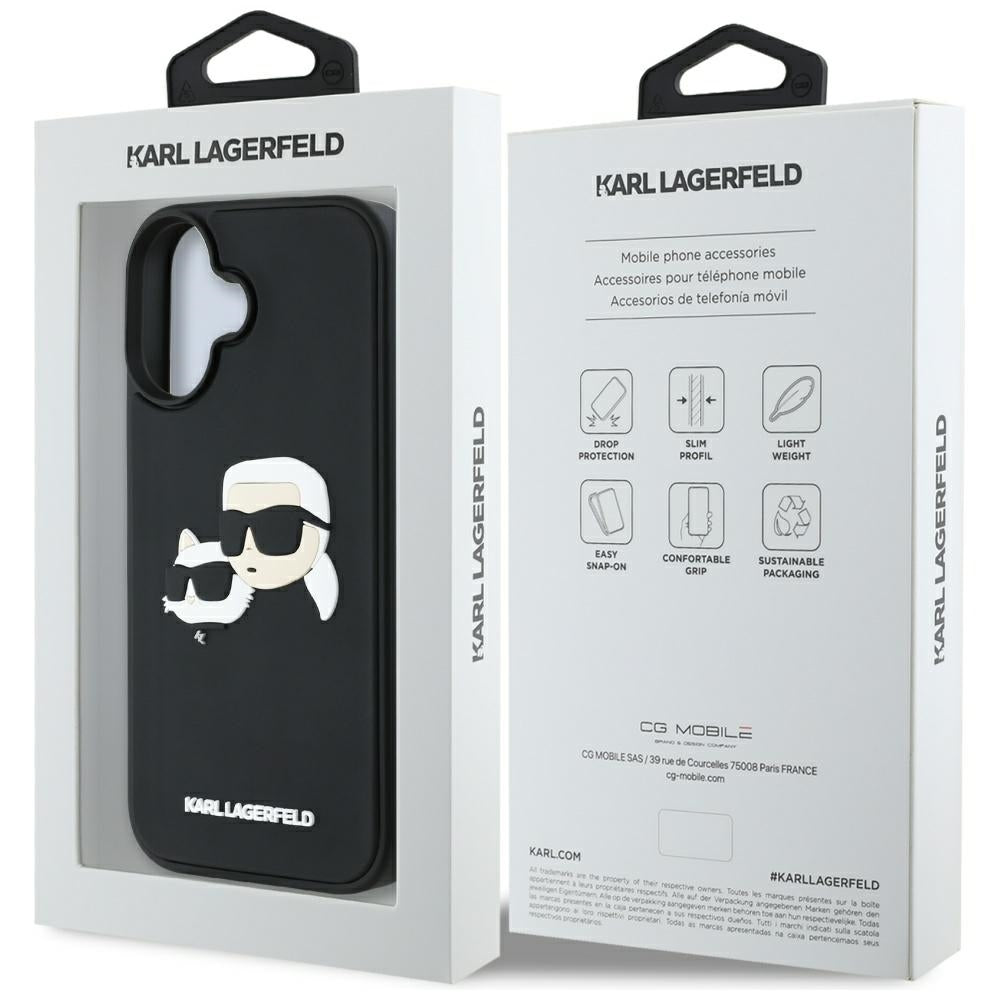 Puzdro pre Apple iPhone 16, Karl Lagerfeld, 3D Rubber Karl & Choupette, Čierne