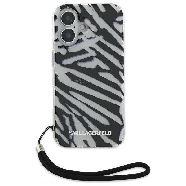 Puzdro pre Apple iPhone 16, Karl Lagerfeld, IML Luxury Zebra Pattern with Strap, Čierne