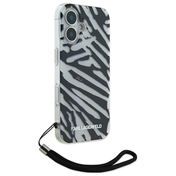 Puzdro pre Apple iPhone 16, Karl Lagerfeld, IML Luxury Zebra Pattern with Strap, Čierne